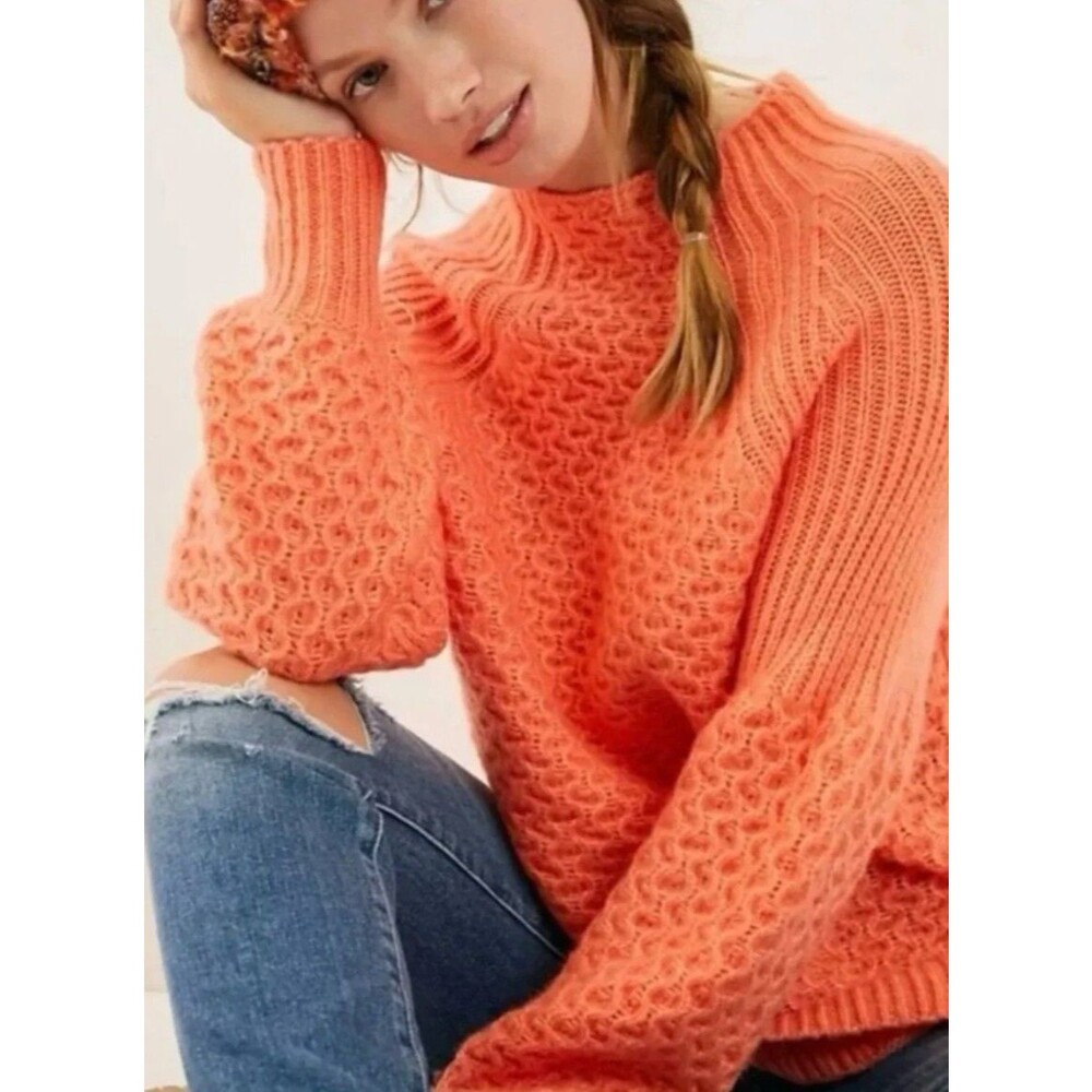 Anthropologie Bia Mock Neck Knit Tunic Sweater Alpaca Blend Orange Coral Women M